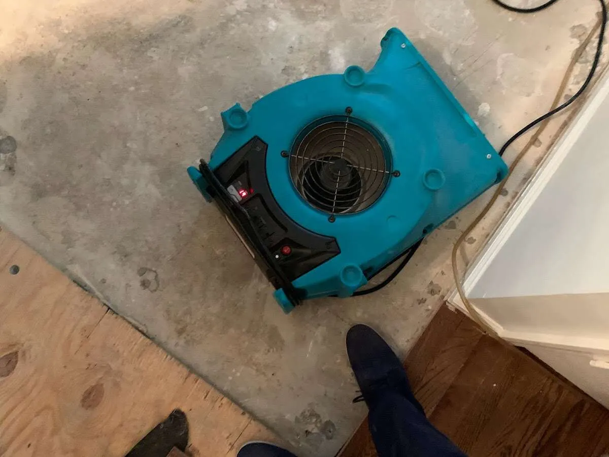 Air mover drying subfloor during Leak Detection & Repair in Ghent